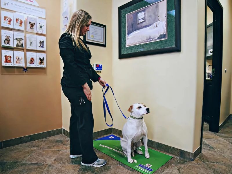 Dog sitting obediently at vet